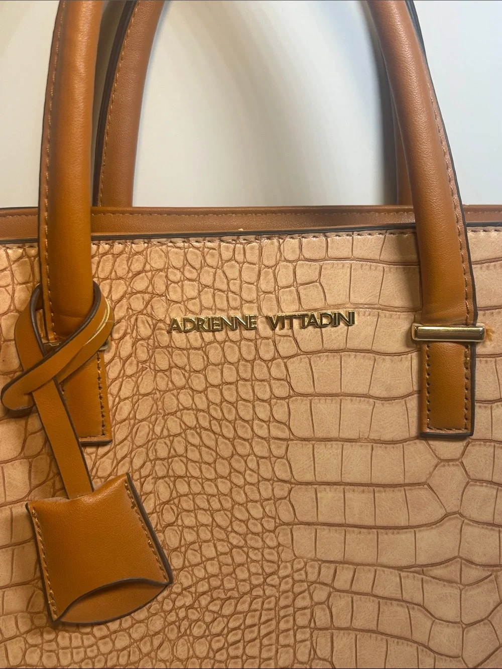 Adrienne Vittadini Tan Croc-Embossed Satchel with Cognac Trim